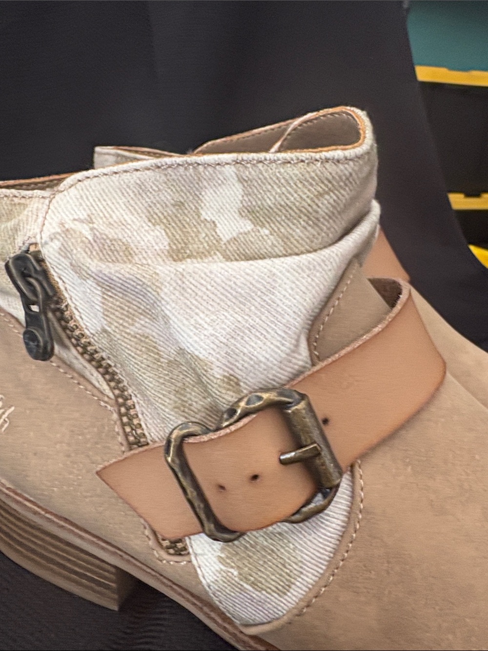 Blowfish Tan Suede Ankle Boots with Camouflage Cuff and Buckle - Picture 9 of 10